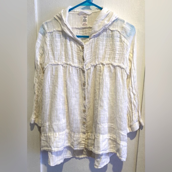 Free People Linen Blend Hooded Tunic Top Blouse Yellow Pin Stripe Button - Picture 1 of 3